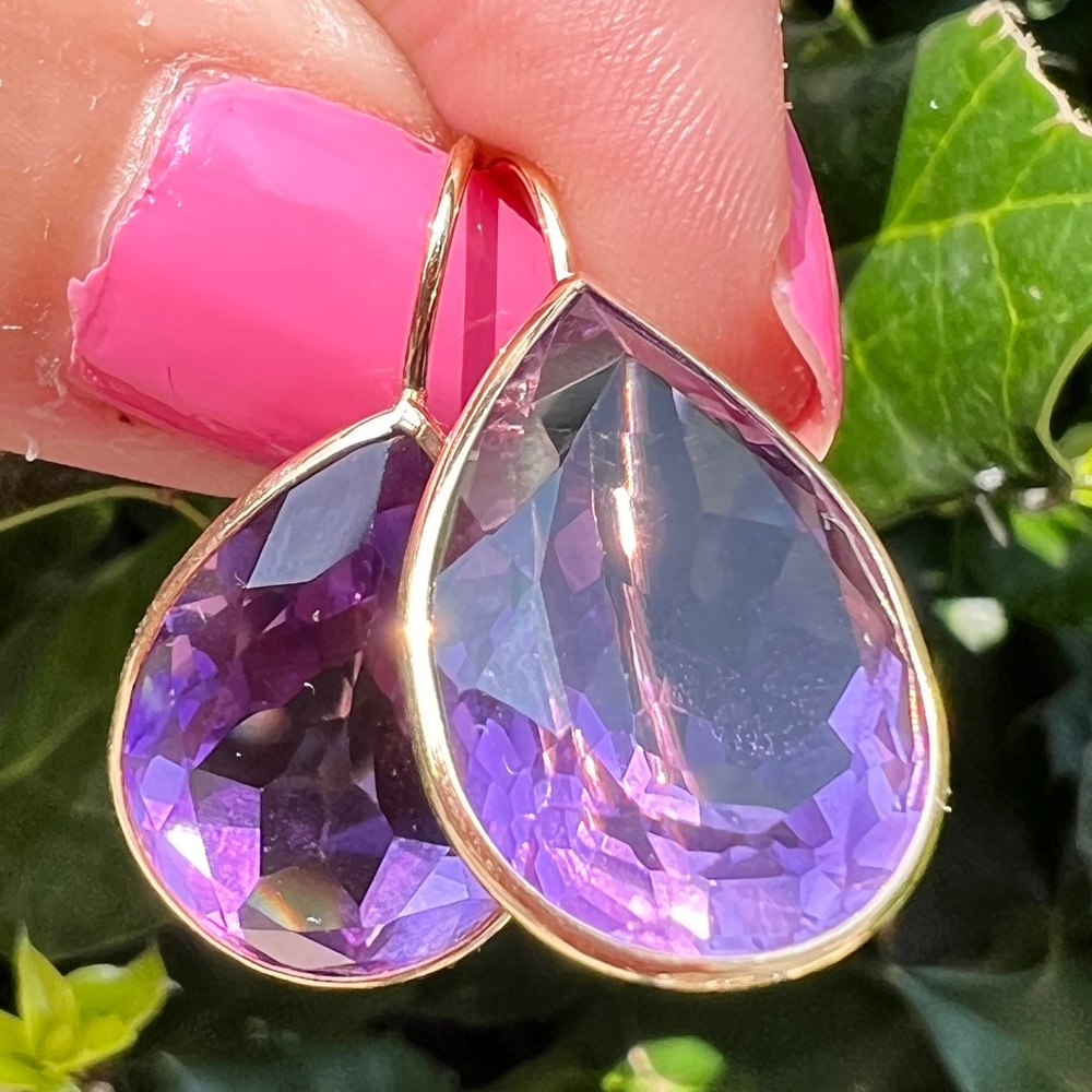 VINTAGE 14K YELLOW GOLD HUGE PEAR SHAPE AMETHYST DANGLE DROP EARRINGS STATEMENT